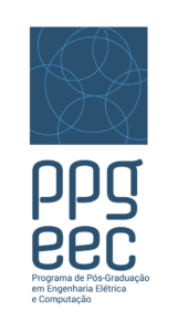 Alternative banner for use of the visual identity in vertical format. It features light blue arches on a dark blue background, surrounded by a square. Below is a larger text ppgeec in blue, and below a smaller text Programa de Pós-Graduação em Engenharia Elétrica e Computação, also in blue.